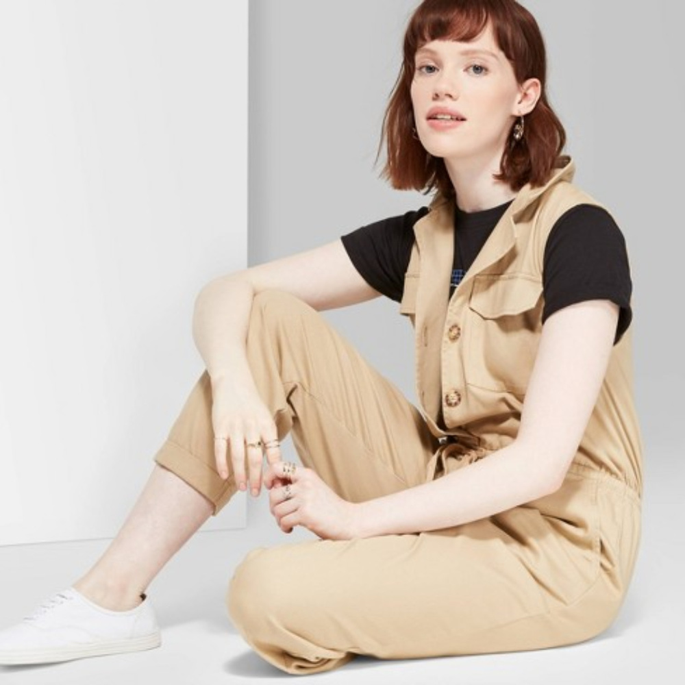 Sleeveless V-Neck Button-Front Utility Jumpsuit